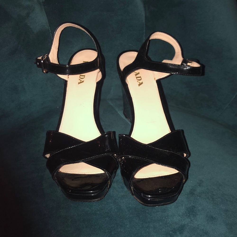 AUTHENTIC Prada Patent Leather Wedges (Size 8)